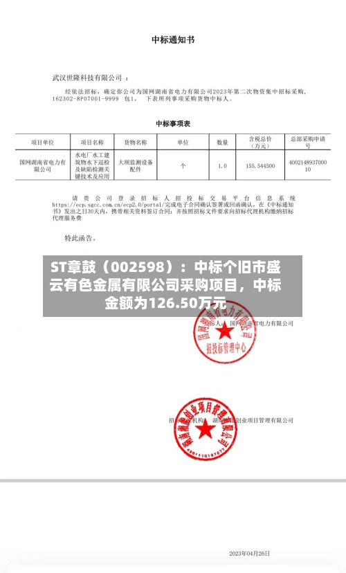 ST章鼓（002598）：中标个旧市盛云有色金属有限公司采购项目，中标金额为126.50万元-第2张图片