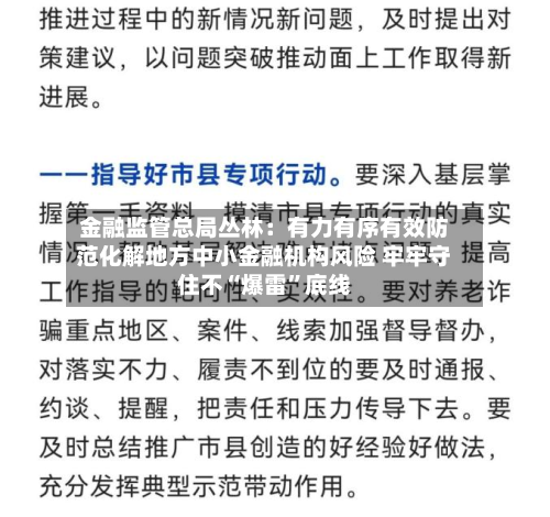 金融监管总局丛林：有力有序有效防范化解地方中小金融机构风险 牢牢守住不“爆雷”底线