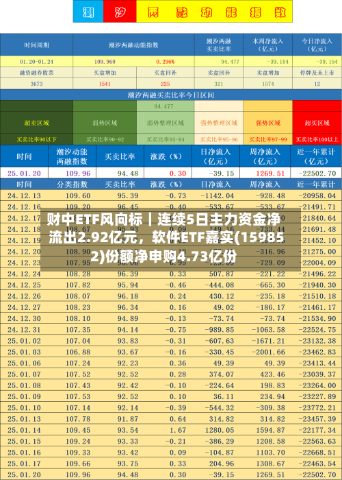 财中ETF风向标｜连续5日主力资金净流出2.92亿元，软件ETF嘉实(159852)份额净申购4.73亿份