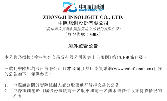 中际旭创(03308)实控人，质押部分股票